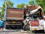 The mangled dumper and the bus near Nehru College on the Hansi–Barwala road on Sunday. (HT Photo)