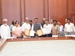 The model was presented at a state-level review meeting on upgradation of school, anganwadi and primary healthcare infrastructure held under chairmanship of CM Devendra Fadnavis (M) on October 3 in Mumbai. (HT PHOTO)