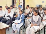 The students at the school lab in Ludhiana on Sunday. (HT Photo)