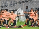 Uruguay players during a training session at the Salt Lake stadium on Monday. (Samir Jana/HT)