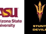 The logos of the Arizona State University (R) and the ASU Stunt Devils (R), the school's cheerleading group.