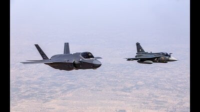 (IAF Photo: A USAF F-35 flying in formation with the IAF’s Tejas during Tarang Shakti)