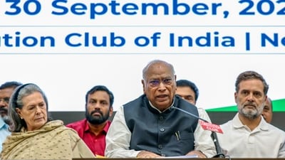 New Delhi, Sep 30 (ANI): Congress National President and Rajya Sabha LoP Mallikarjun Kharge speaks during the INDIA Bloc Meeting at the Constitution Club of India, in New Delhi on Wednesday. Congress Chairperson Sonia Gandhi and Lok Sabha LoP Rahul Gandhi also present. (AICC/ ANI Photo) (AICC/ANI Photo) New Delhi, Sep 30 (ANI): Congress National President and Rajya Sabha LoP Mallikarjun Kharge speaks during the INDIA Bloc Meeting at the Constitution Club of India, in New Delhi on Wednesday. Congress Chairperson Sonia Gandhi and Lok Sabha LoP Rahul Gandhi also present. (AICC/ ANI Photo) (AICC/ANI Photo)