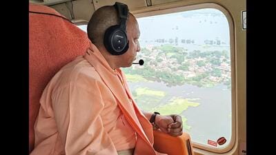 Chief minister Yogi Adityanath conducts an aerial survey of the flood-affected areas due to water level rise in the Gomti, in Lucknow and Sitapur districts on Monday. ((@myogiadityanath X/ANI Photo)) Chief minister Yogi Adityanath conducts an aerial survey of the flood-affected areas due to water level rise in the Gomti, in Lucknow and Sitapur districts on Monday. ((@myogiadityanath X/ANI Photo))