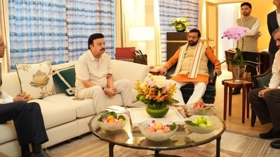 Haryana Chief Minister Nayab Singh Saini holds discussions with officials before travelling to Singapore. Haryana Industries and Commerce Minister Rao Narbir Singh is also seen with him. Haryana Chief Minister Nayab Singh Saini holds discussions with officials before travelling to Singapore. Haryana Industries and Commerce Minister Rao Narbir Singh is also seen with him.