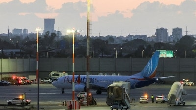 A plane, carrying passengers who were on the FlyDubai aircraft bound for Israel from the United Arab Emirates arrives at the Ben Gurion International Airport, in Lod, near Tel Aviv, Israel, September 30, 2026. (REUTERS)