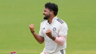 East Zone's Mukesh Kumar celebrates for the wicket of South Zone's Mohmed Siraj on day 4 of the Duleep Trophy 2026-27 final cricket match between South Zone and East Zone (PTI) East Zone's Mukesh Kumar celebrates for the wicket of South Zone's Mohmed Siraj on day 4 of the Duleep Trophy 2026-27 final cricket match between South Zone and East Zone (PTI)