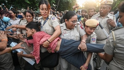 Members of the All India Students’ Association (AISA) and other student organisations take part in a protest march towards Jantar Mantar amid heavy security deployment on Sunday, October 4, 2026. (Sanchit Khanna/HT photo) Members of the All India Students’ Association (AISA) and other student organisations take part in a protest march towards Jantar Mantar amid heavy security deployment on Sunday, October 4, 2026. (Sanchit Khanna/HT photo)