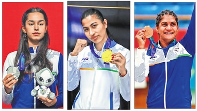 From left to right: Squash player Anahat Singh, boxer Lovlina Borgohain, MMA athlete Suchika Tariyal. (PTI & AP)