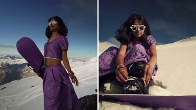 Urmila Pable snowboarded down a Swiss mountain in a lehenga. (Instagram/@ursk8kid) Urmila Pable snowboarded down a Swiss mountain in a lehenga. (Instagram/@ursk8kid)