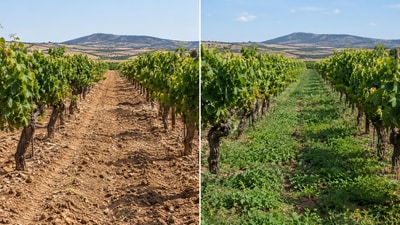 Before and after: A semi-arid Spanish vineyard under conventional tillage (left) and long-term spontaneous ground cover (right). (Ai-generated/ChatGPT)