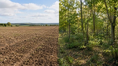 A former farmland in Kent, England, transformed into a young woodland over 25 years, while its soil continued to retain traces of its agricultural past. (AI-generated/ ChatGPT) A former farmland in Kent, England, transformed into a young woodland over 25 years, while its soil continued to retain traces of its agricultural past. (AI-generated/ ChatGPT)