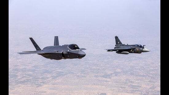 (IAF Photo: A USAF F-35 flying in formation with the IAF’s Tejas during Tarang Shakti)