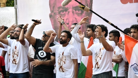 Cockroach Janta Party (CJP) founder Abhijit Dipke, along with Chief Spokesperson Saurav Das, National Spokesperson Ashutosh Ranka and Singer Vishal Dadlani during a protest seeking Chief Election Commissioner Gyanesh Kumar's resignation over voter roll deletions at Chhatrapati Shivaji Maharaj Park. (ANI)