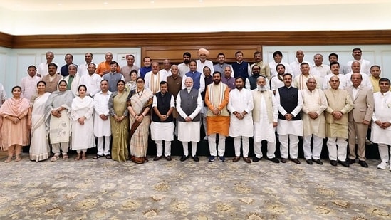 Prime Minister Narendra Modi, along with Haryana Chief Minister Nayab Singh Saini and BJP National President Nitin Nabin, poses for a group photo with other BJP MLAs after a meeting with all BJP MLAs of Haryana at 7, Lok Kalyan Marg, in New Delhi on Saturday. (@narendramodi X)