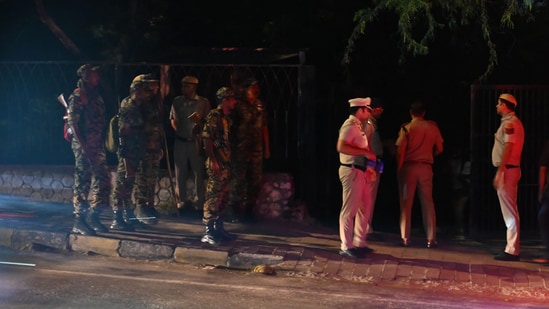 Heavy police deployment outside Astha Kunj Park in the evening, in New Delhi.