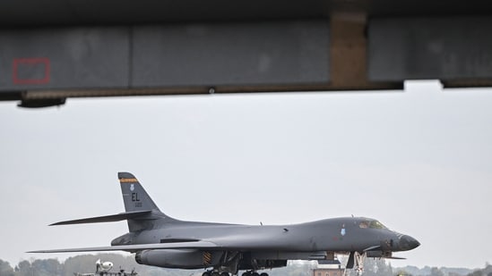 A US Air Force B-1 Lancer bomber on the tarmac at RAF Fairford base in Fairford, south-west England, on September 27, 2026. 