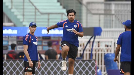 Hard-hitting opener Vaibhav Sooryavanshi during a practice session in Lucknow’s Ekana stadium on October 5. (HT photo)