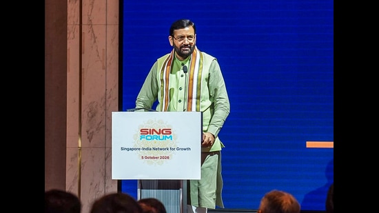Haryana chief minister Nayab Saini addressing the SING FORUM during his visit, in Singapore on Monday. (ANI)