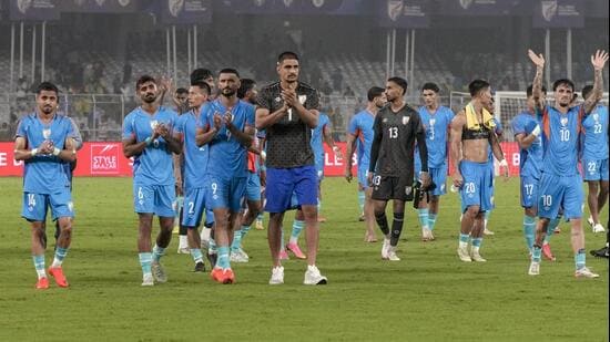 India footballers acknowledge the crowd after their friendly against Brazil in Kolkata on October 3, 2026. (PTI)