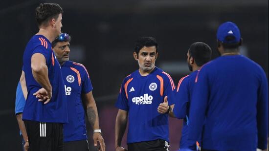 Indian cricket team head coach Gautam Gambhir along with the team staff during training in Lucknow. (Deepak Gupta/HT)