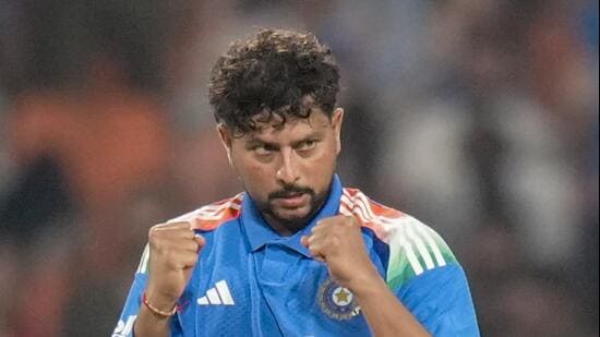 Kuldeep Yadav celebrates after taking the wicket of West Indies' Matthew Forde during the third ODI. (PTI)
