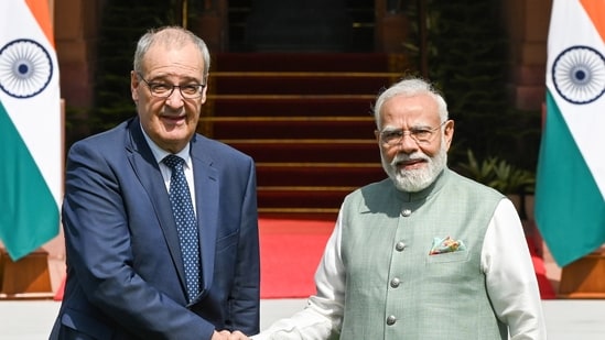 Prime Minister Narendra Modi meets Swiss Confederation President Guy Parmelin at Hyderabad House in New Delhi.