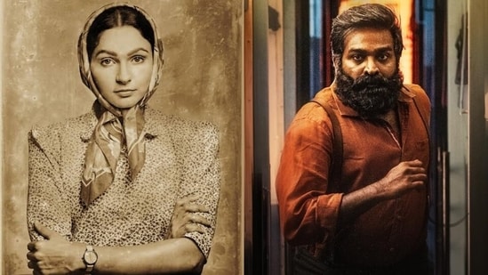 Andrea Jeremaiah and Vijay Sethupathi in stills from Pisasu 2 and Train.