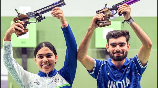 Nagoya [Japan], Sep 25 (ANI): India's Kamaljeet Singh and Suruchi Singh celebrate after winning Gold in the 10m Air Pistol Mixed Team final at the Asian Games 2026, in Nagoya on Friday. (ANI Photo) (ANI Photo)