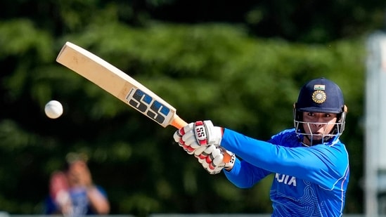 India's Vaibhav Sooryavanshi plays a shot.
