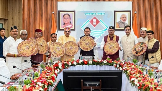 Uttarakhand Chief Minister Pushkar Singh Dhami attends a cabinet meeting in Banbasa, near the India-Nepal border, in Champawat district, Uttarakhand.