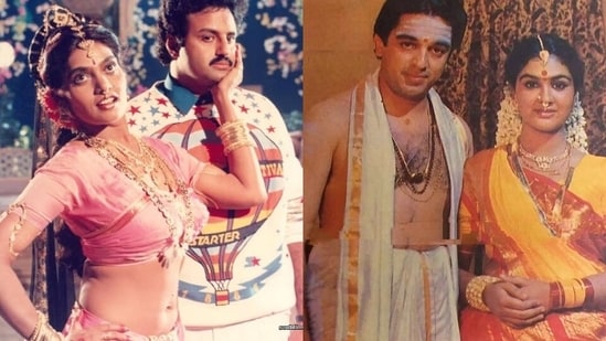 Silk Smitha, Balakrishna, Kamal Haasan and Urvashi in stills from Aditya 369 and Michael Madana Kama Rajan.