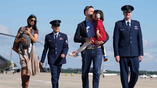 Usha Vance almost tripped while stepping off a helicopter with her baby on October 5.(AFP)