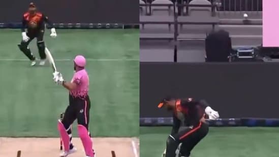 Ali Khan bowled a bouncer that sailed over the fence.