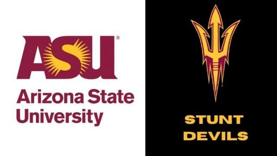 The logos of the Arizona State University (R) and the ASU Stunt Devils (R), the school's cheerleading group.
