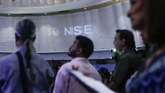The National Stock Exchange of India Ltd. (NSE) logo on display during the company's listing ceremony at the Bombay Stock Exchange (BSE) in Mumbai on Sept 24
