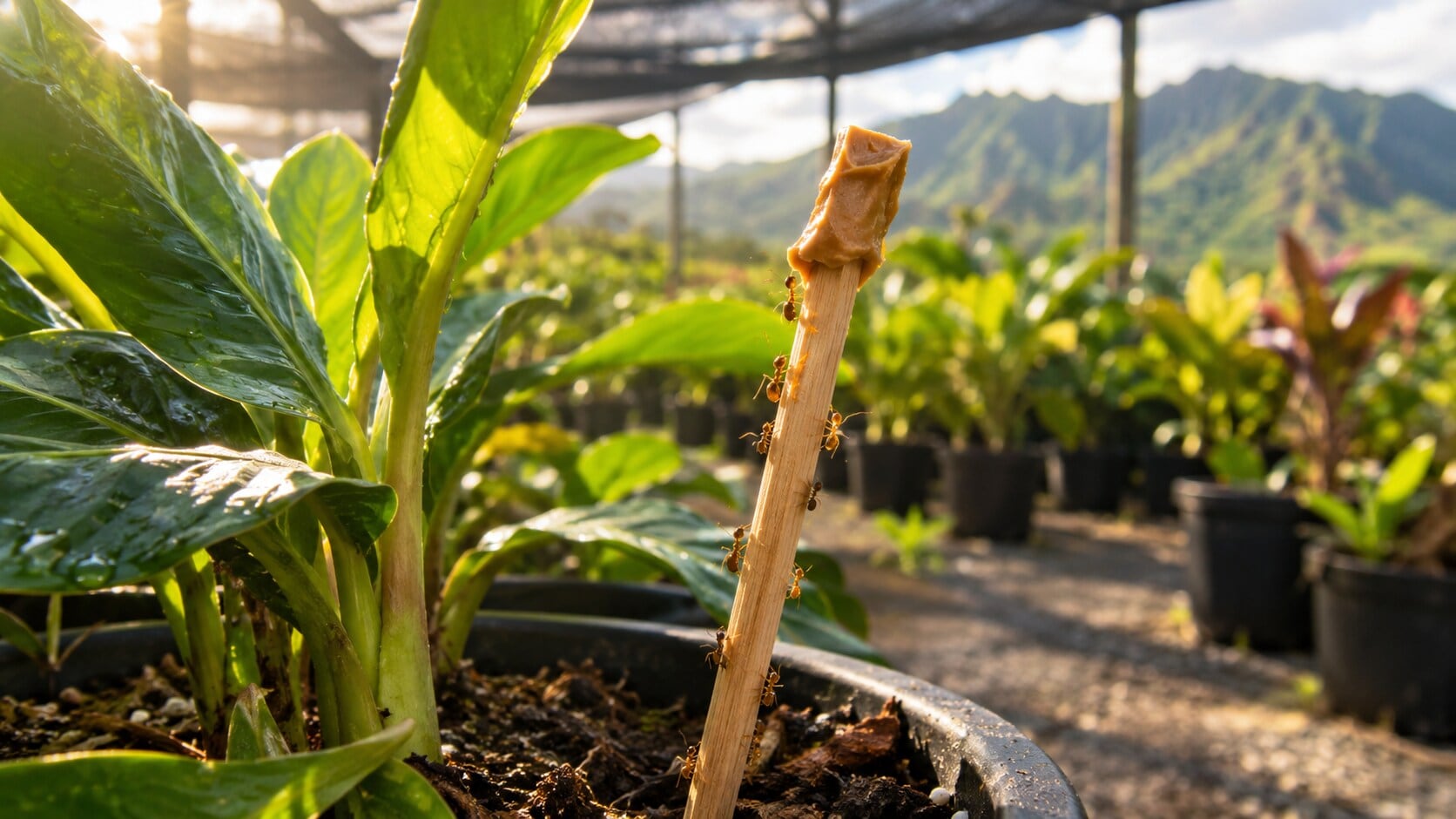 A peanut-butter-coated chopstick sits in a potted plant, the kind of bait check described in a 2003 review of little fire ant control. (AI-generated/ChatGPT)