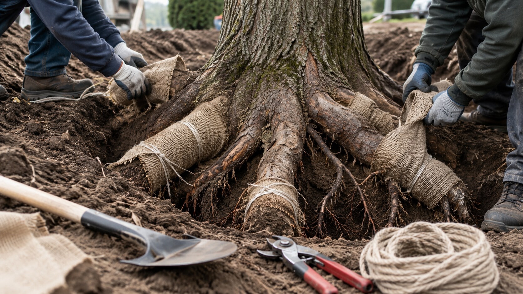 Crews dig around a tree's roots well before a move; the preparation is known as nemawashi. (AI-generated/ChatGPT) Crews dig around a tree's roots well before a move; the preparation is known as nemawashi. (AI-generated/ChatGPT)