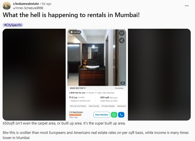Reddit user shares concern over rent of a 2 BHK apartment in Vashi, Navi Mumbai, near Mumbai. (Reddit Screenshot) Reddit user shares concern over rent of a 2 BHK apartment in Vashi, Navi Mumbai, near Mumbai. (Reddit Screenshot)