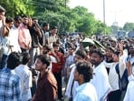 AU students protesting in Prayagraj on Tuesday (HT Photo)