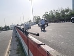 At several locations, the ends of the safety pipes are now exposed and pose a danger to commuters, said police. (HT Photo)
