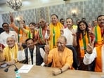 BJP candidates file their nominations for the Rajya Sabha election in the presence of chief minister Yogi Adityanath at the Vidhan Sabha, in Lucknow on Tuesday. (ANI Photo)