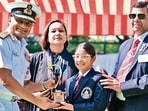 Chief of the Naval Staff Admiral Krishna Swaminathan honouring a student at Lawrence School, Sanawar. (HT Photo)