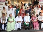 Punjab governor and UT administrator Gulab Chand Kataria with mayors from across the country in Chandigarh on Monday. (Keshav Singh/HT)