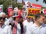 SP chief Akhilesh Yadav with Congress leader Rahul Gandhi and others in New Delhi during a protest march. (Sourced)