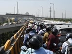 Traffic jam on Delhi’s newly-opened Barapullah Phase-III flyover on Monday. (HT PHOTO)