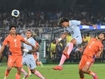 Uruguay and Indian players during FIFA international friendly at Vivekananda Yuva Bharati Stadium in Kolkata, on Tuesday. (Samir Jana/Hindustan Times)