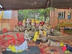 Women activists of the Bhartiya Kisan Union (Ekta-Ugrahan) blocking the gate to the district administrative complex in Bathinda on Tuesday morning. The blockade was lifted later in the afternoon. (Sanjeev Kumar/HT)
