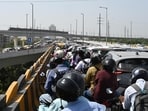 Traffic jam on Delhi’s newly-opened Barapullah Phase-III flyover on Monday. (HT PHOTO)