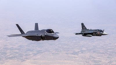 A USAF F-35 flying in formation with the IAF’s Tejas during Tarang Shakti. (IAF) A USAF F-35 flying in formation with the IAF’s Tejas during Tarang Shakti. (IAF)